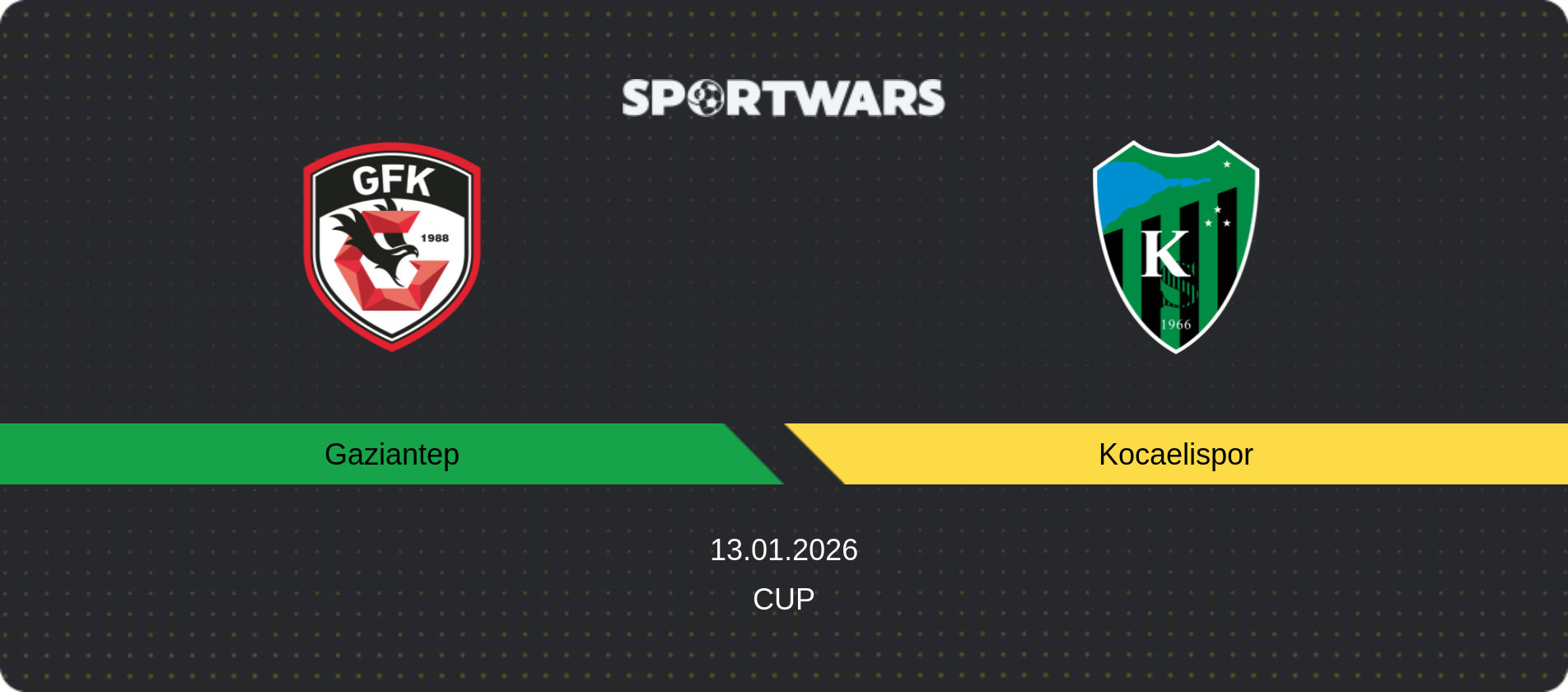 Match prediction Gaziantep — Kocaelispor, Cup, 13.01.2026
