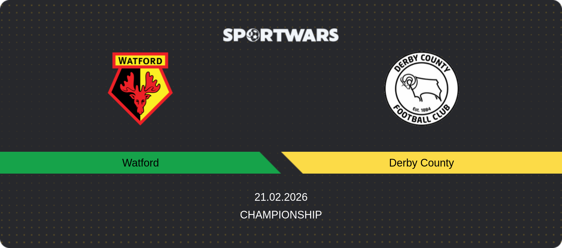 Match prediction Watford — Derby County, Championship, 21.02.2026