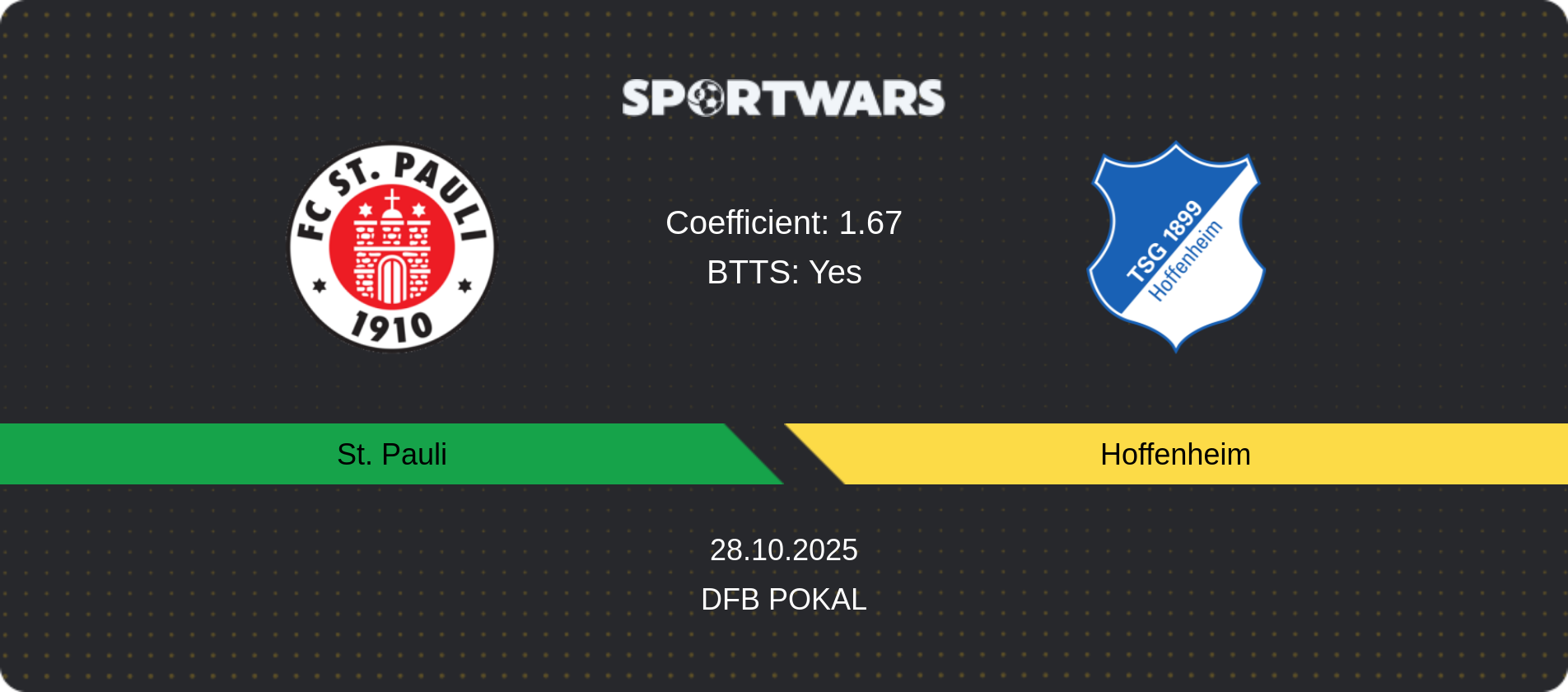 Match prediction St. Pauli — Hoffenheim, DFB Pokal, 28.10.2025