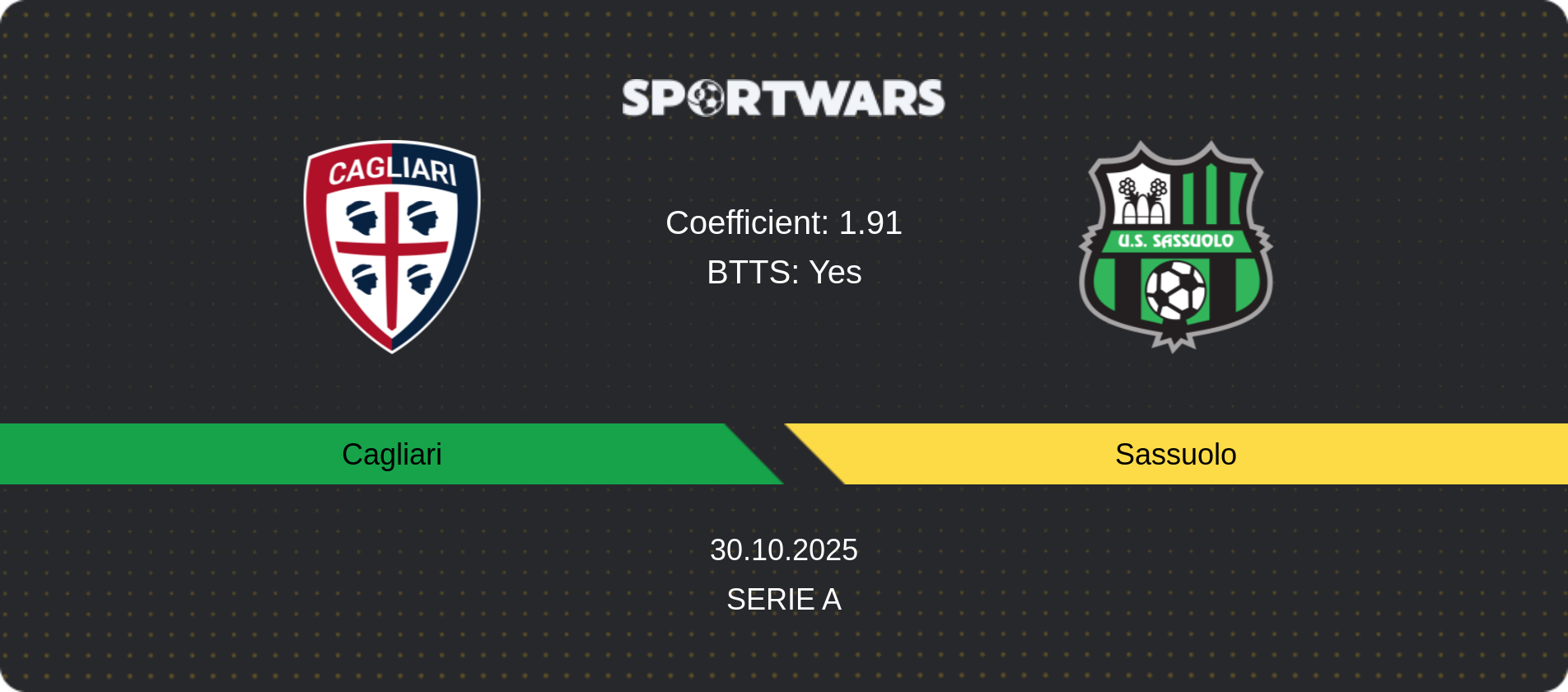Match prediction Cagliari — Sassuolo, Serie A, 30.10.2025