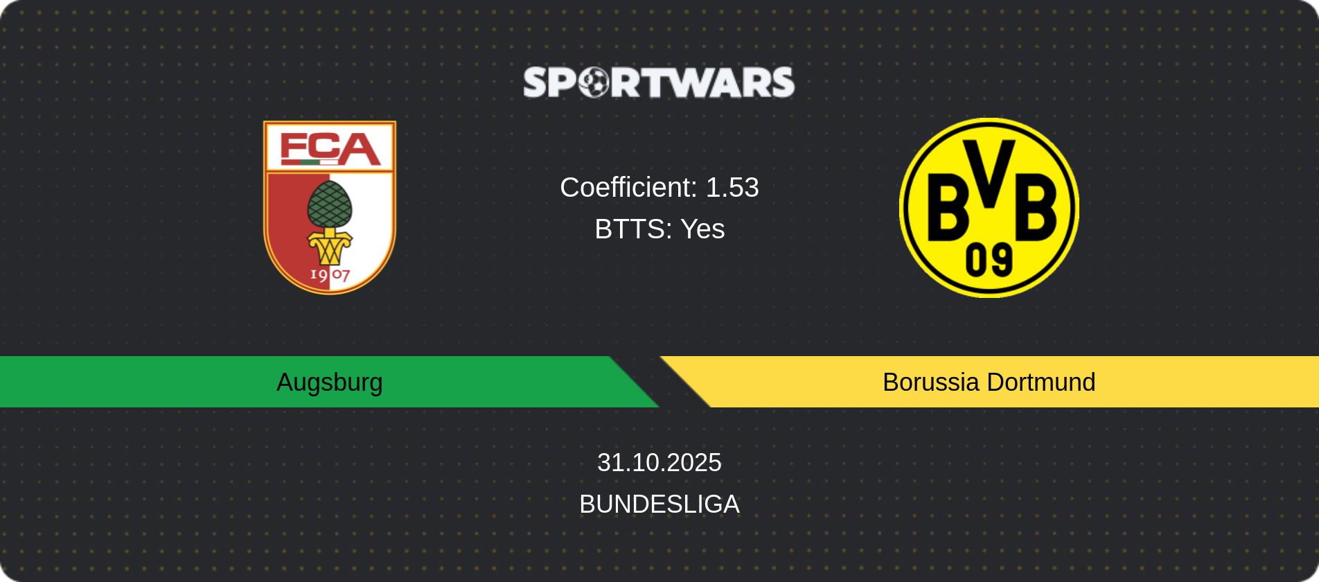 Match prediction Augsburg — Borussia Dortmund, Bundesliga, 31.10.2025