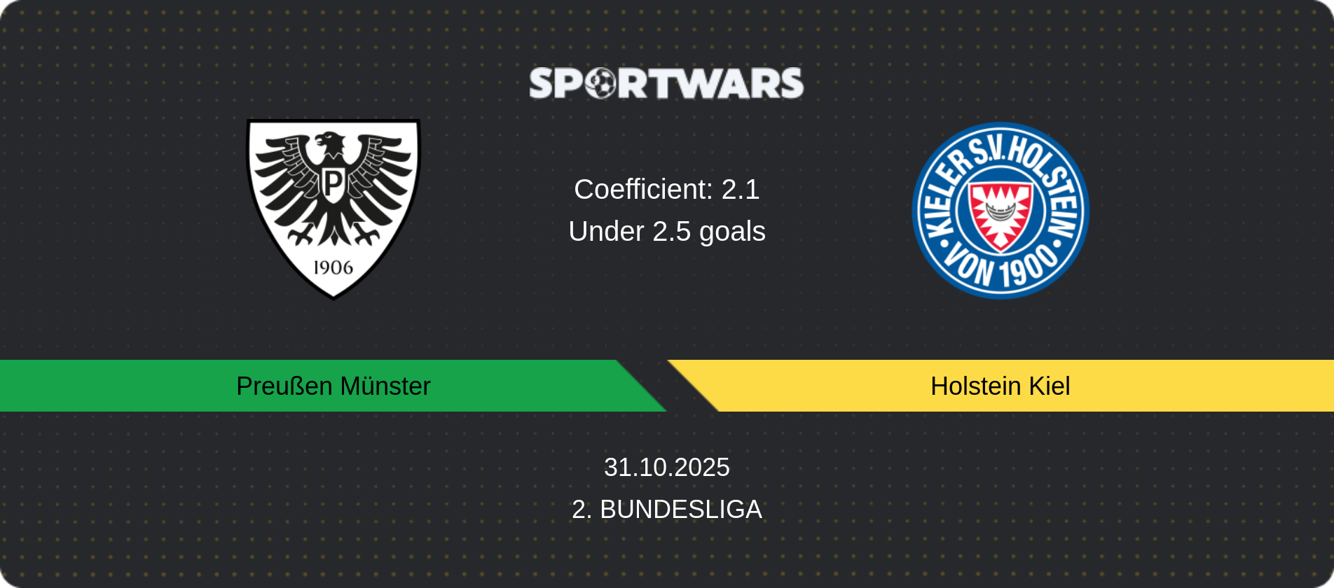 Match prediction Preußen Münster — Holstein Kiel, 2. Bundesliga, 31.10.2025