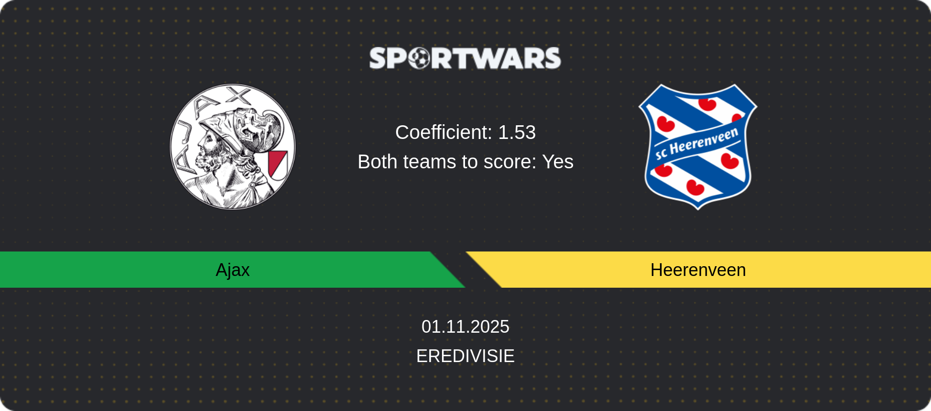 Match prediction Ajax — Heerenveen, Eredivisie, 01.11.2025