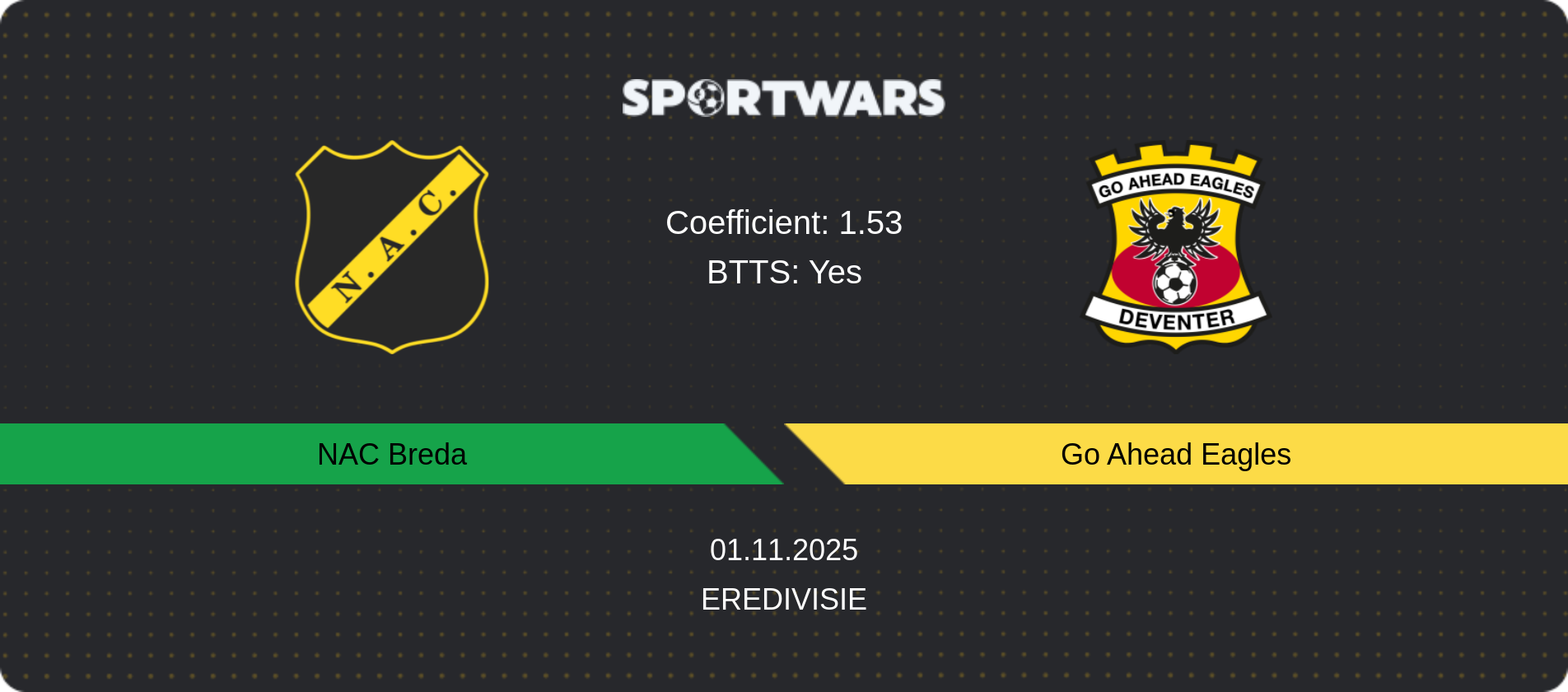 Match prediction NAC Breda — Go Ahead Eagles, Eredivisie, 01.11.2025